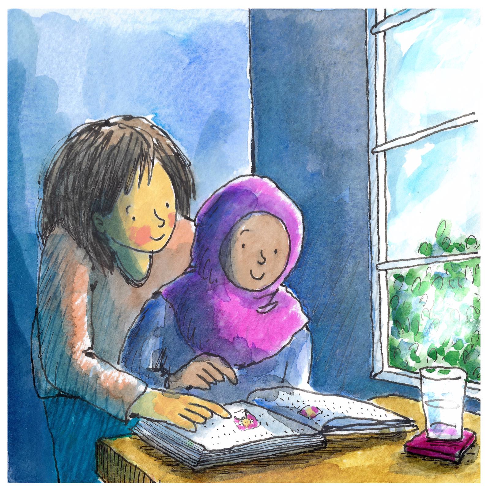 Adult foster carer reading a book with a young girl wearing a hijab beside a window